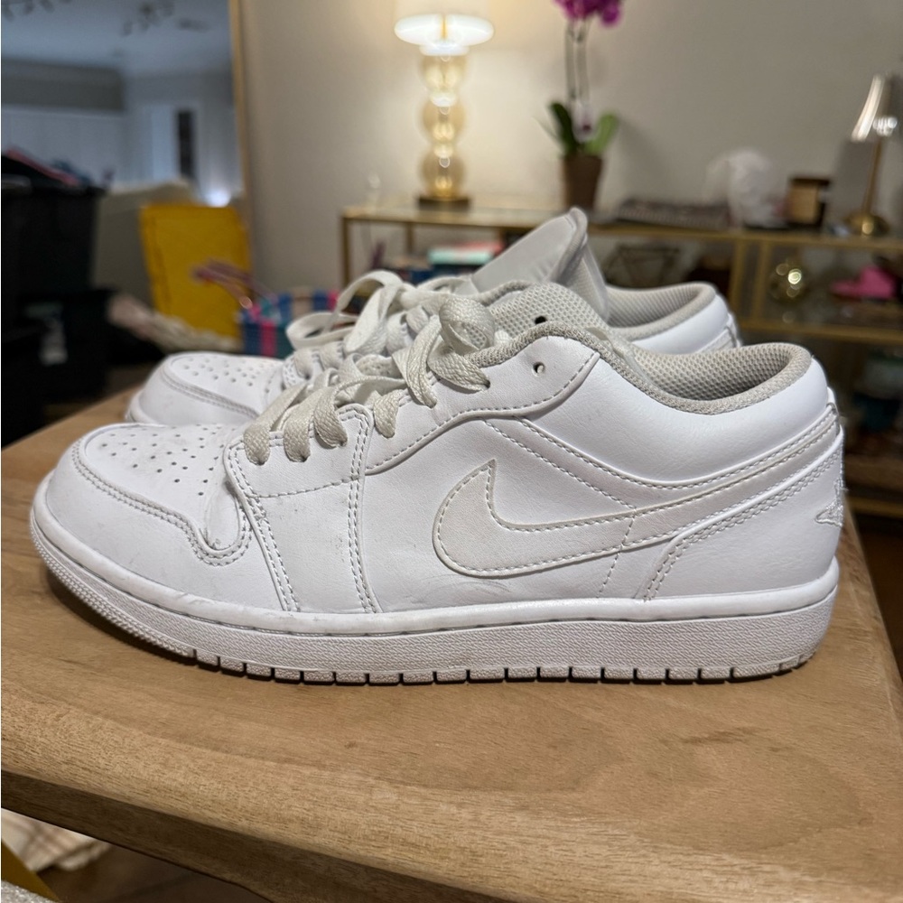 Nike White Sneakers with All White Leather Upper and Ventilation Perforations